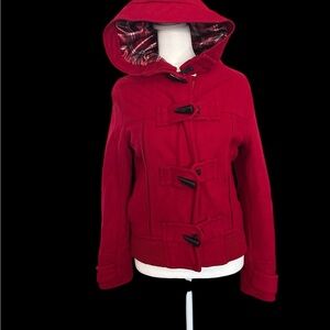 Forever 21 Red Toggle Button Hooded Jacket Women’s Size Small | Plaid Lined Coat